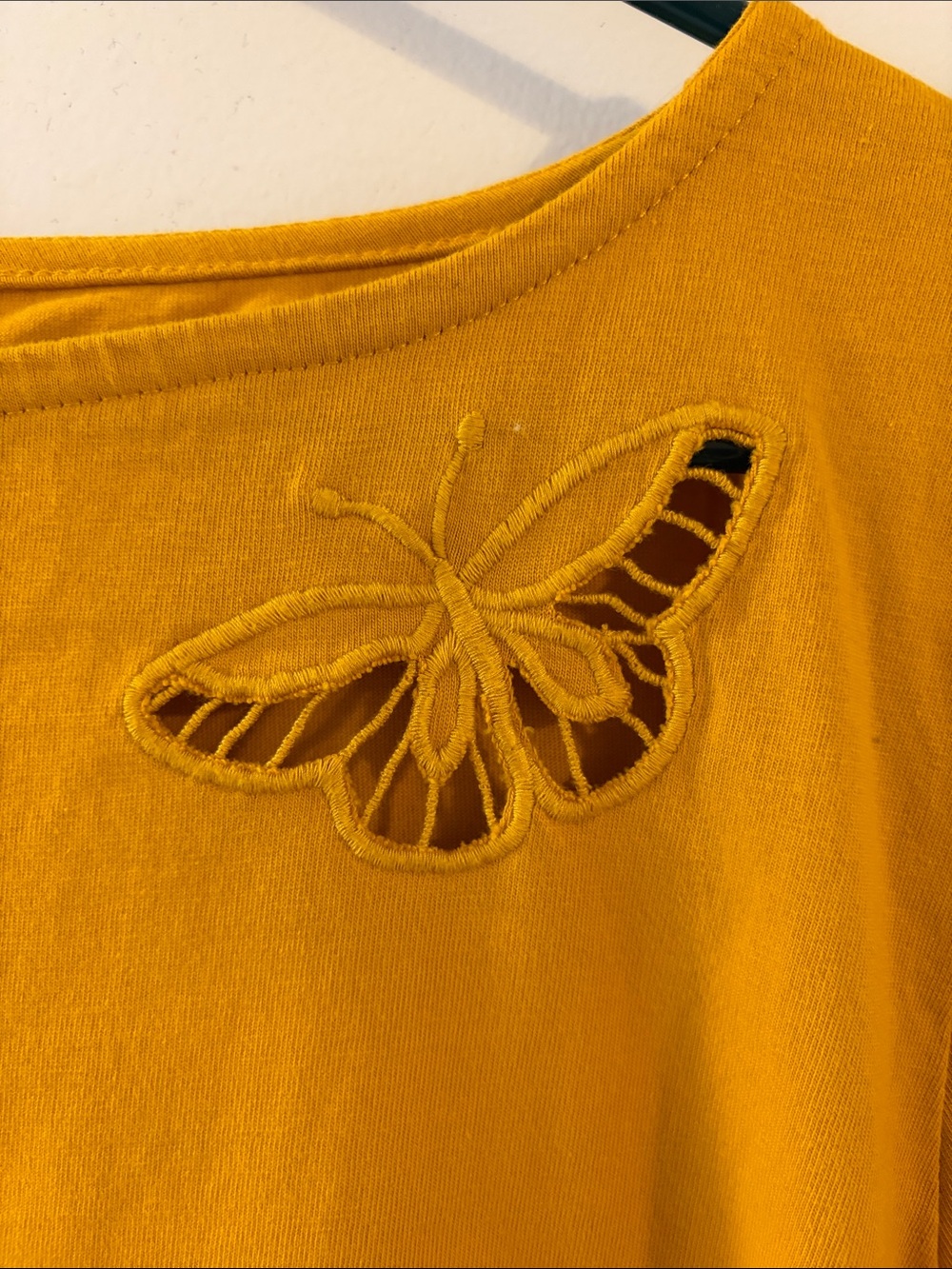 Women's Mustard Yellow Butterfly Cutout Short Sleeve Top - Picture 10 of 15